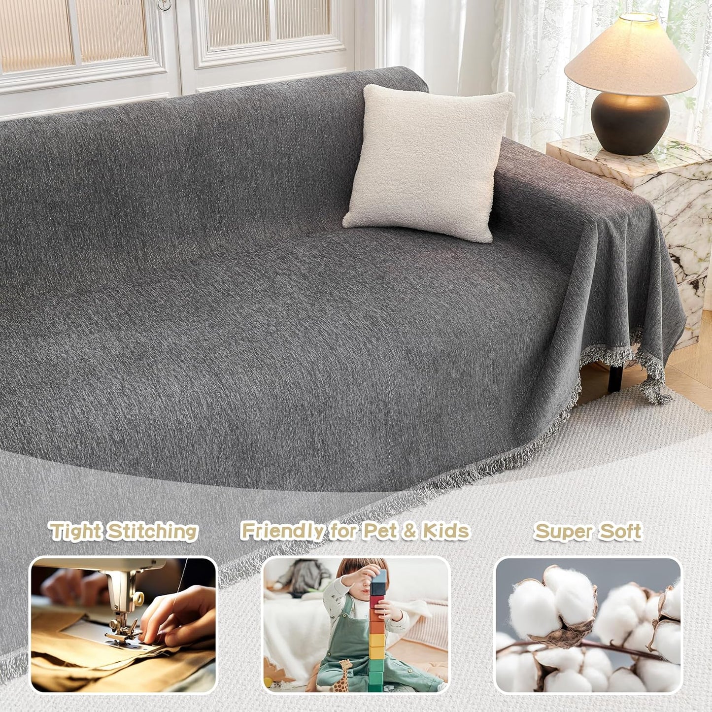 MYSKY HOME Couch Cover for Dogs, Washable Couch Covers, Non Slip Sofa Cover, Couch Cover 2 Cushion Sofa Dogs Furniture Protector with Tassels, Chenille Sofa Slipcover for Pets, 71"x118", Dark Grey