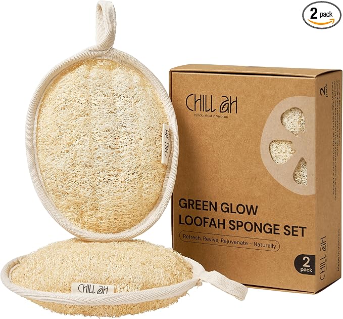 Chill Ah Green Glow All Natural Exfoliator Dual Sided Loofah Bath Sponge Set – by ChillAh