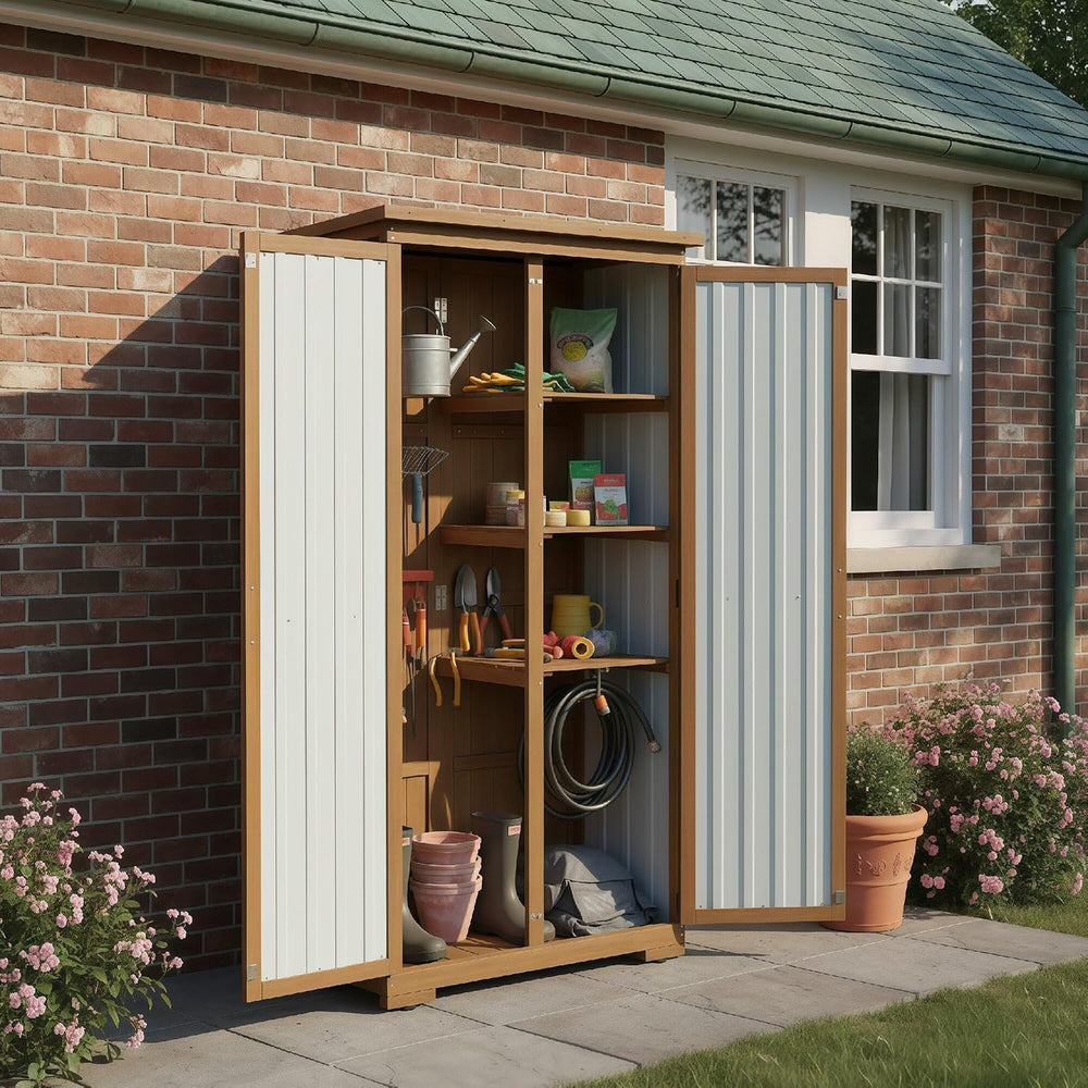 Outdoor Storage Cabinet, Wood & Metal Storage Shed with Weather-Resistant...