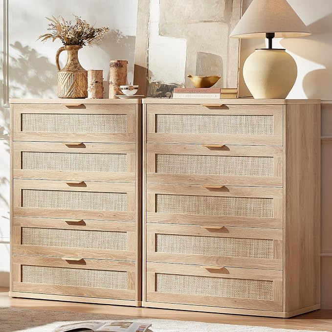 LEYAOYAO Rattan Dresser for Bedroom Set 2, Modern 5 Drawers Boho Dressers by LEYAOYAO-Findtheshiningpointofyourideallife%EF%BC%81