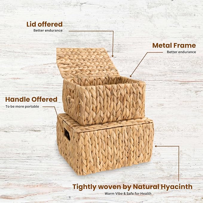 Wicker Storage Baskets with Lid, Set 2 Basket With Lid Decorative Storage - Image 3