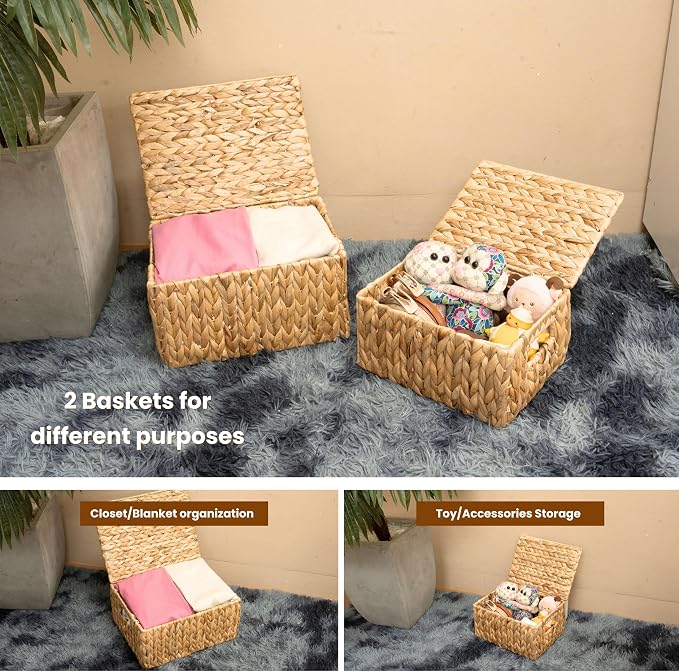 Wicker Storage Baskets with Lid, Set 2 Basket With Lid Decorative Storage - Image 5