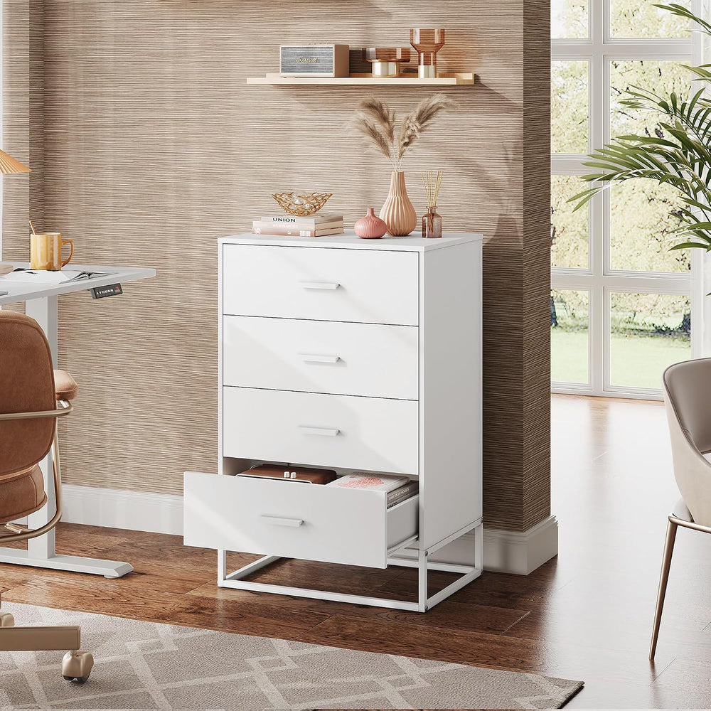 White Dresser for Bedroom with 4 Drawers, Tall Wooden Chest of Drawers with S...
