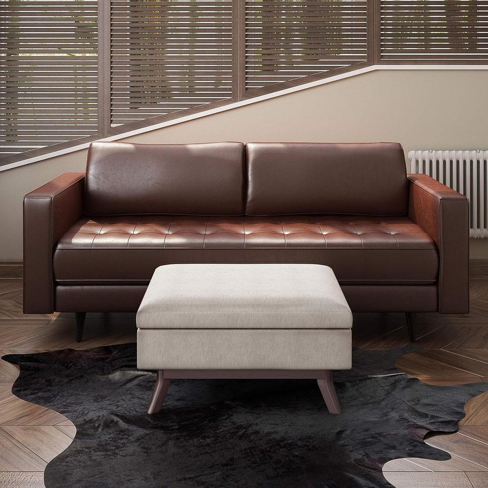 SIMPLIHOME Owen 34" Wide Linen Look Fabric Lift Top Ottoman in Natural