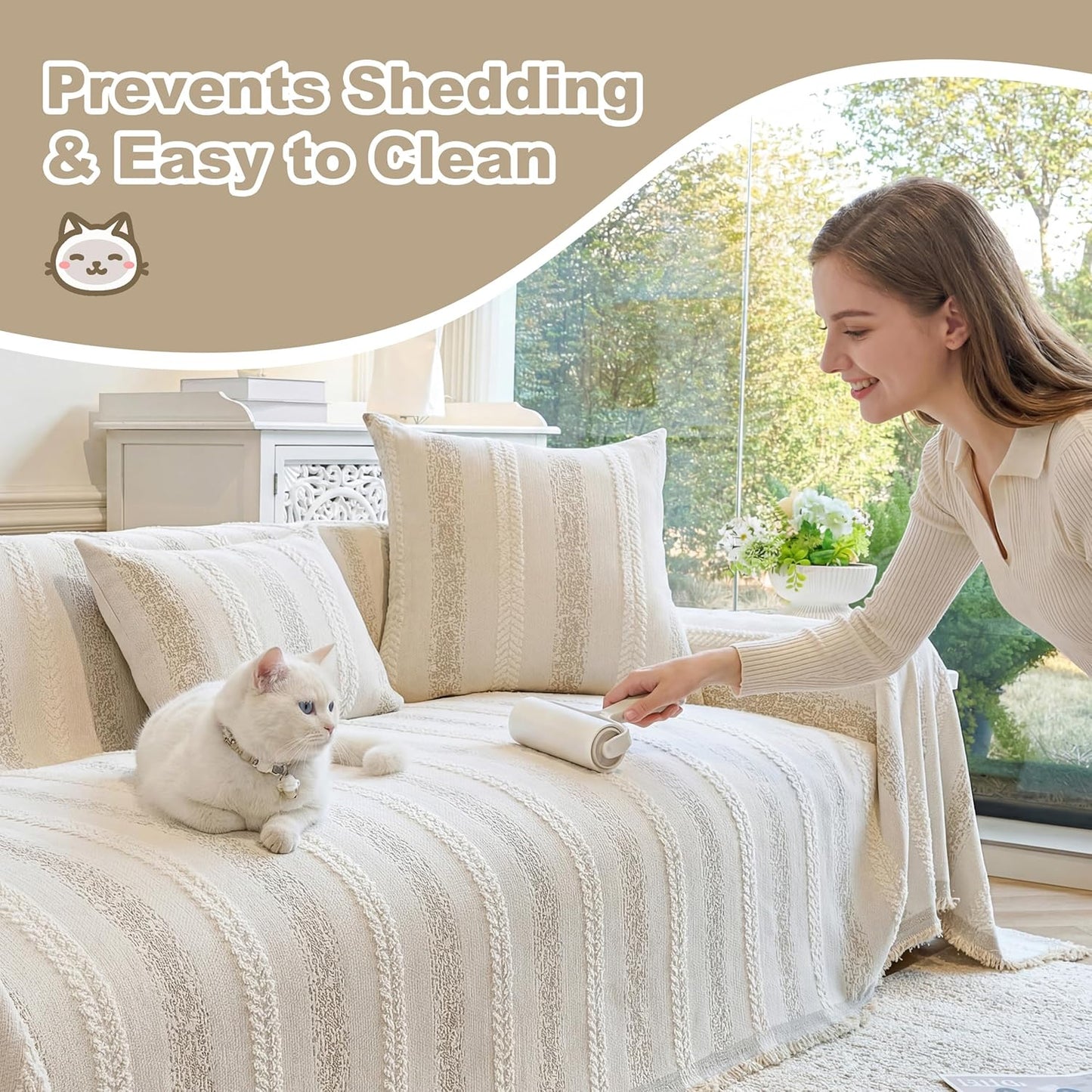 Couch Cover for Dogs Washable Sofa Cover, Sectional Couch Covers, Sofa Covers for 2 Cushion Couch, Non Slip Stripe Sofa Slipcovers Furniture Protector (Beige, 71x102)