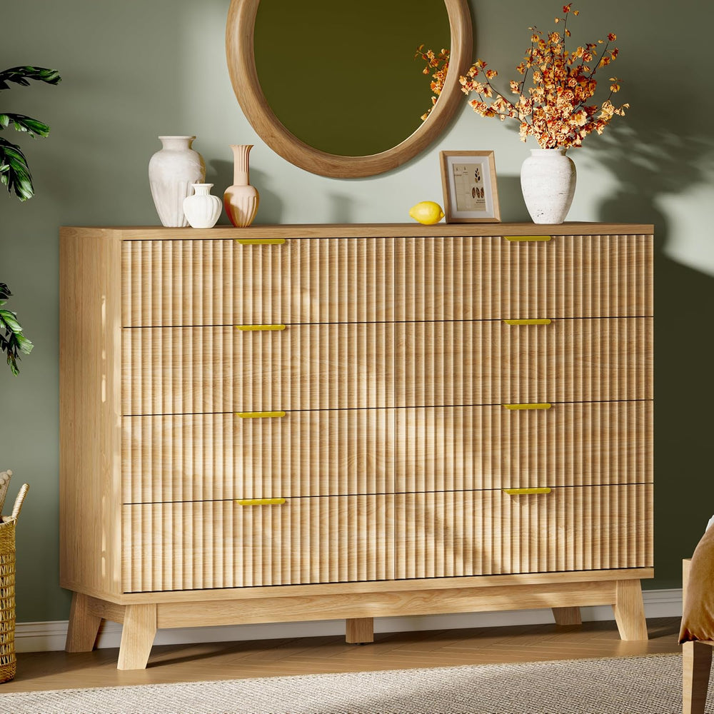 Fluted Dresser with 8 Drawers, Wooden Dresser TV Stand, Wood Closet Clothes
