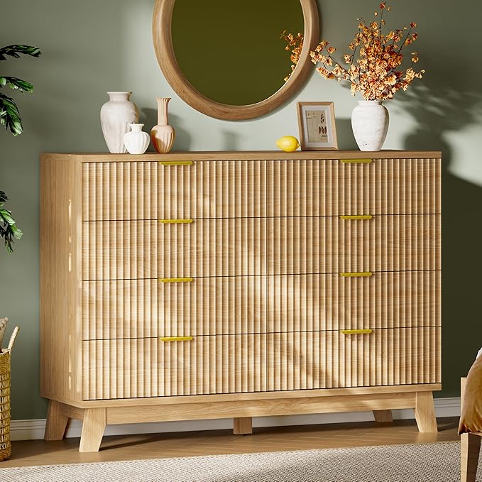 Fluted Dresser with 8 Drawers, Wooden Dresser TV Stand, Wood Closet Clothes by Xixini