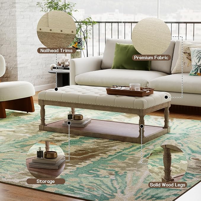 48" Large Ottoman with Storage Coffee Table, Upholstered Tufted Linen Ottoman - Image 3