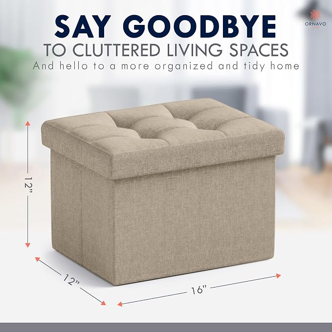 Ornavo Home Small Storage Ottoman Foldable Collapsible Rectangle Linen Ottoman - Image 2