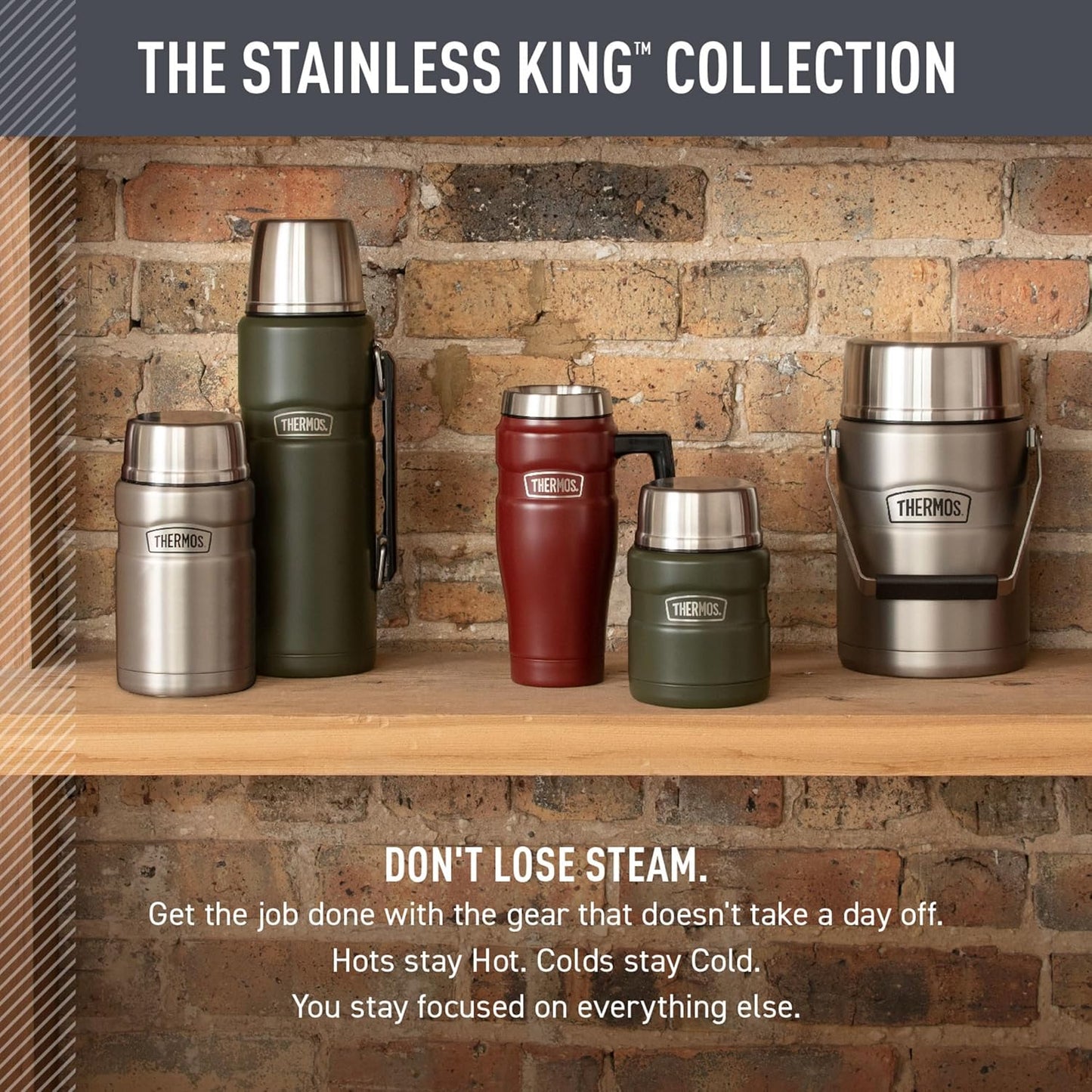 THERMOS Stainless King Food Jar with Spoon, 16oz, Matte Steel | Stainless Steel Insulated Food Container with Built-In Bowl, Keeps Food Hot or Cold Longer for Work & Travel