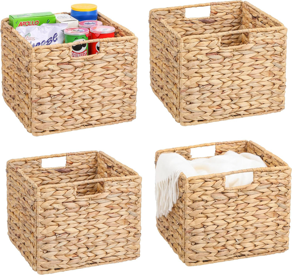 12x12x10 Water Hyacinth Storage Basket Large, Folding Cube Woven Wicker Stora...