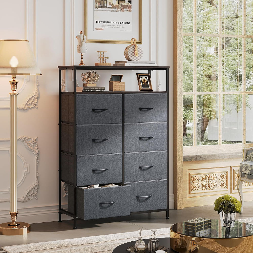 WLIVE 8 Drawer Fabric Dresser Open Shelves, Tall Bedroom Chest, Dark Grey