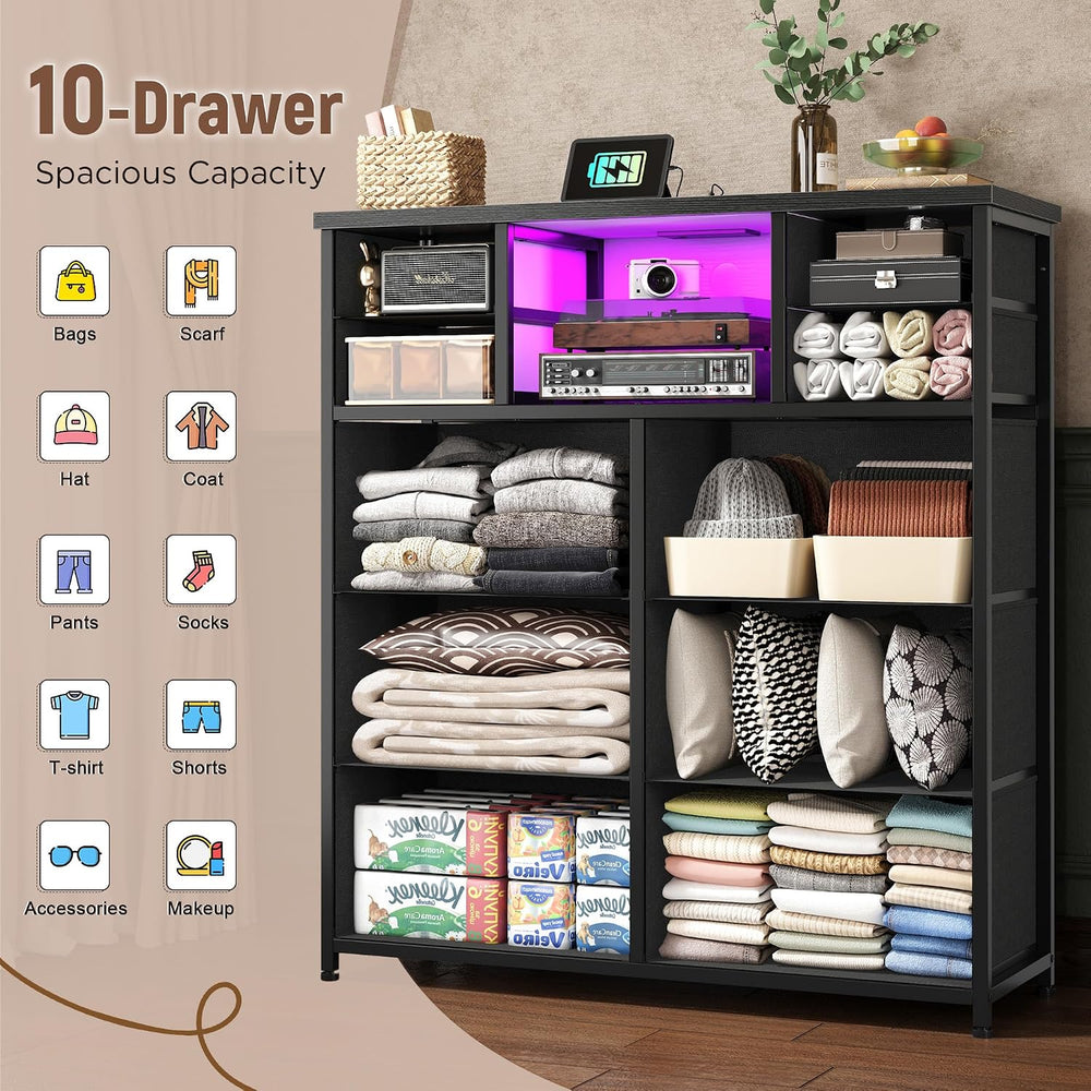 Romorgniz Black Dresser for Bedroom with 10 Drawers, LED & Charging Station