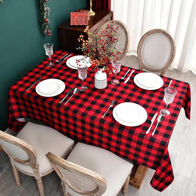 Red Waterproof Plaid Christmas Tablecloth Fabric - Image 3