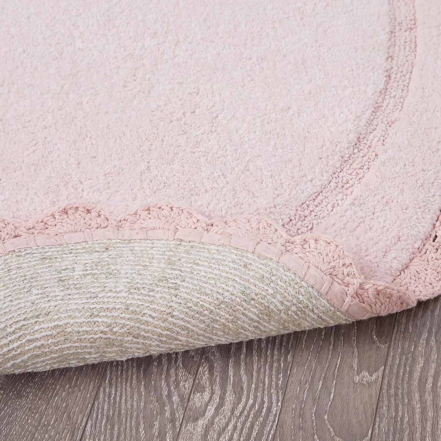 Laura Ashley Eloise 100% Cotton Oval Bath Mat 2-Piece Set with Crochet Border, Soft & Absorbent, Light Pink 17" x 24"/20" x 32" Bathroom Rugs