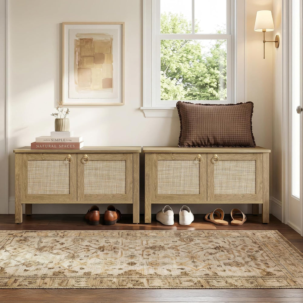 SICOTAS Rattan Storage Bench Boho Storage Chest with 2 Safety Hinges
