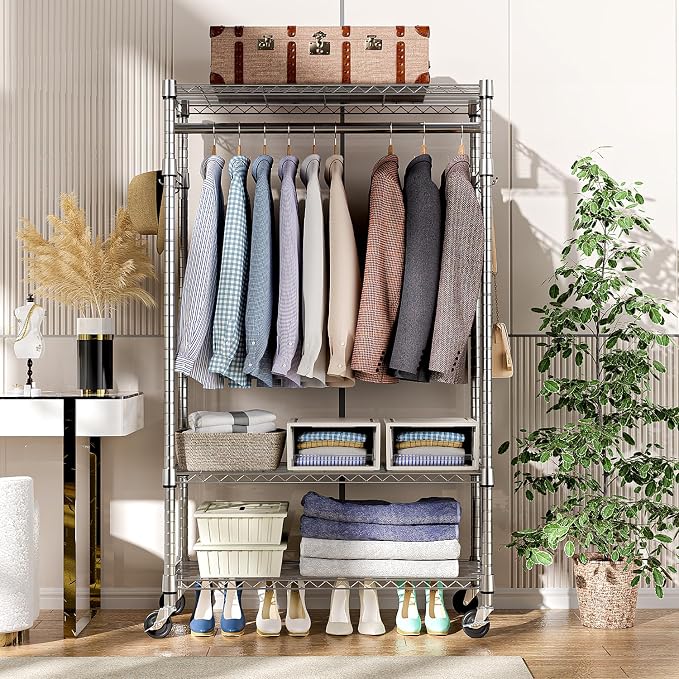 Heavy Duty Rolling Garment Rack 3 Tiers Adjustable Wire Shelving Clothes Rack - Image 8