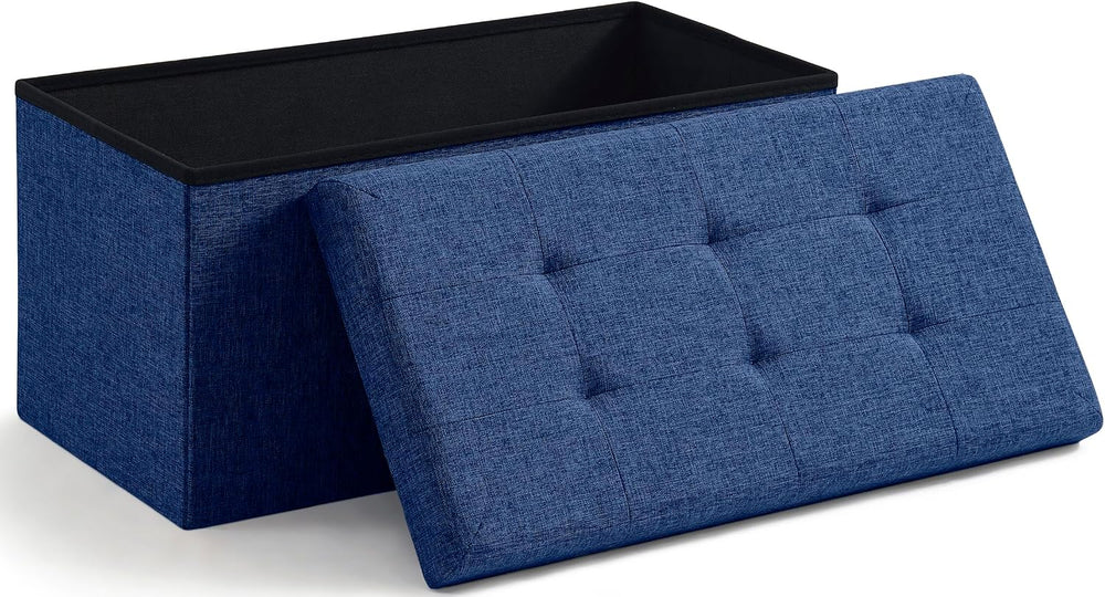 Ornavo Home 30 Inch Folding Storage Ottoman Bench, Tufted Linen, Navy Blue