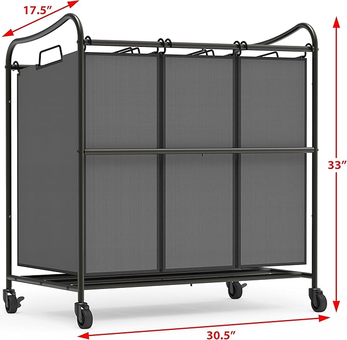 Simple Houseware Heavy Duty 3-Bag Laundry Sorter Rolling Cart, Dark Grey – - Image 2