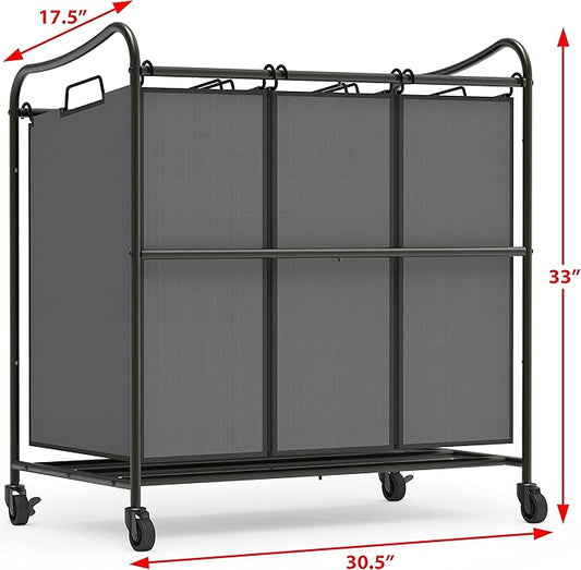 Simple Houseware Heavy Duty 3-Bag Laundry Sorter Rolling Cart, Dark Grey – - Image 2