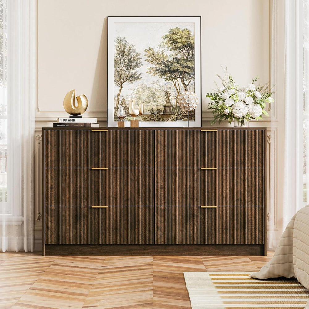Furniway Walnut Dresser for Bedroom, Modern Dresser with 6 Drawers and Smooth...