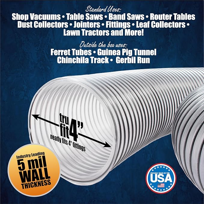 PVC Dust Collection Hose w/4 Thumbscrew Clamps, Puncture Resistant, Carbon - Image 6