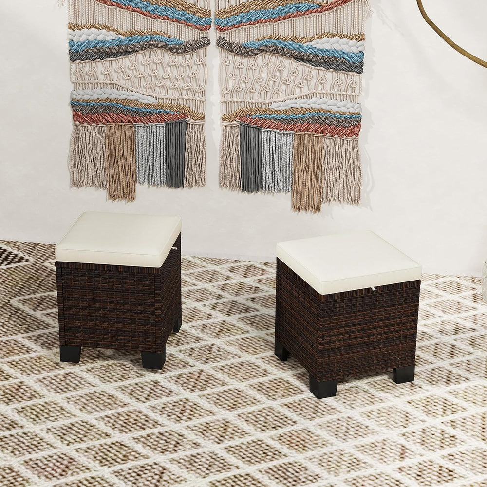 Outsunny 2 Pieces Outdoor Patio Ottomans All Weather PE Rattan Beige