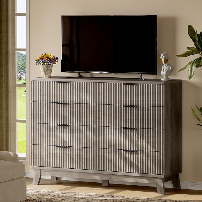 Fluted Dresser with 8 Drawers, Wooden Dresser TV Stand, Modern Closet Clothes - Image 7
