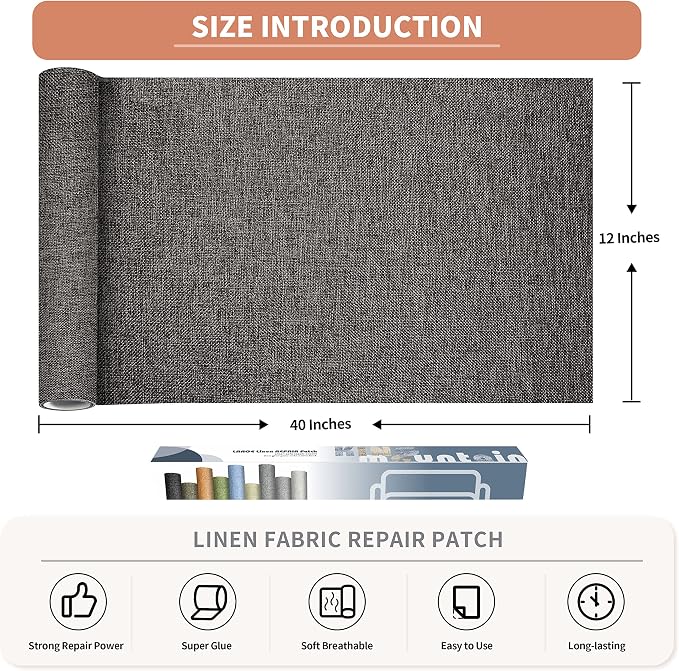KING MOUNTAIN Coarse Linen Repair Patches, Self-Adhesive, 12x40 Inch, Dark Grey - Image 2