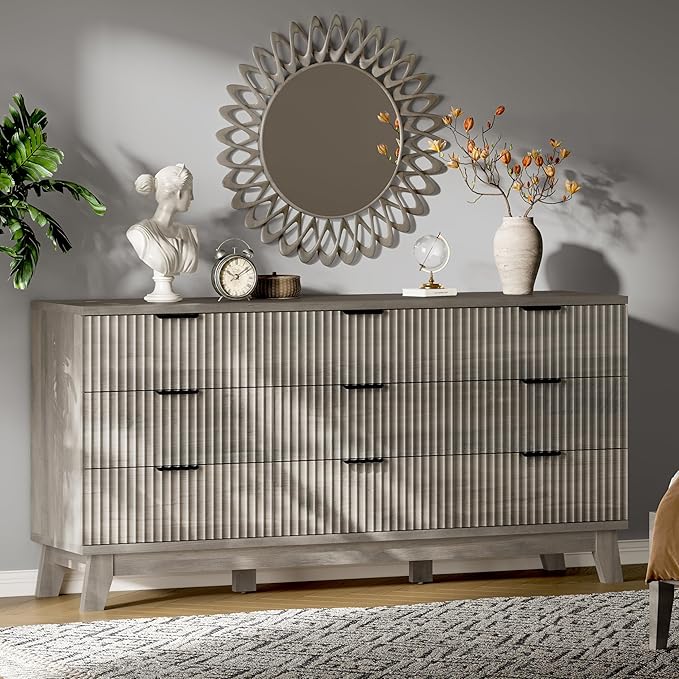 Fluted Dresser with 9 Drawers, Wooden Dresser TV Stand, Wood Closet Clothes by Xixini