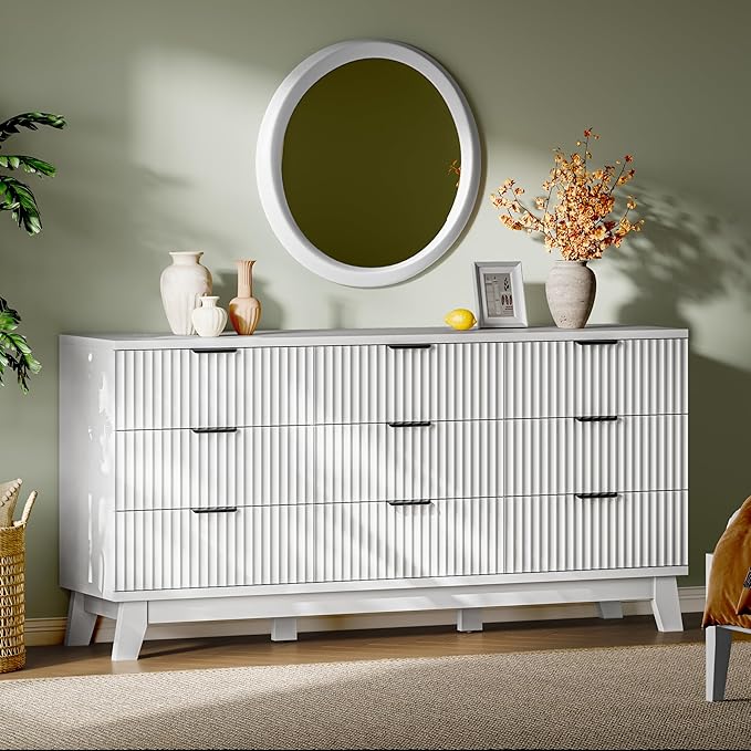 Fluted Dresser with 9 Drawers, Wooden Dresser TV Stand, Wood Closet Clothes by Xixini