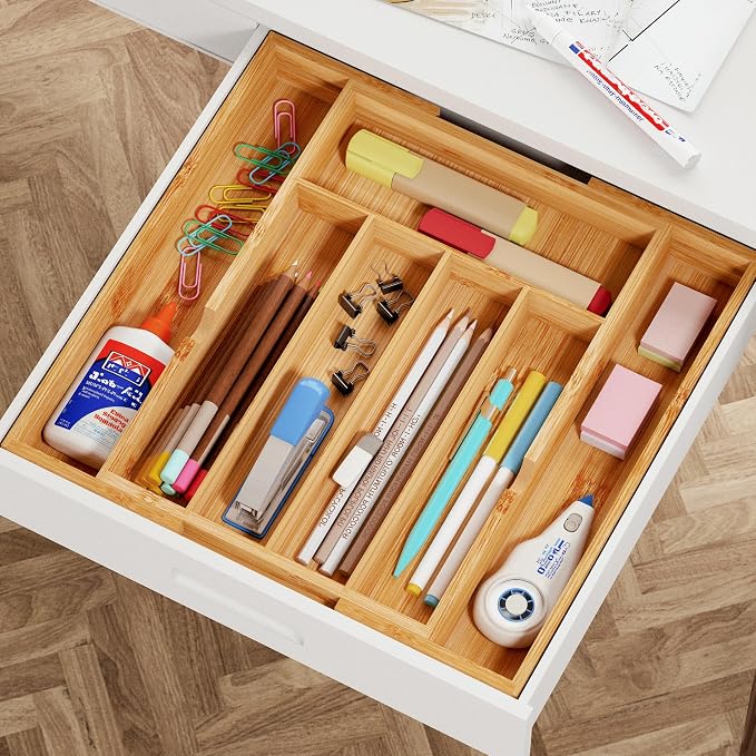 BAMEOS Bamboo Expandable Drawer Organizer, 5-7 Slots Kitchen Drawer Organizer - Image 7