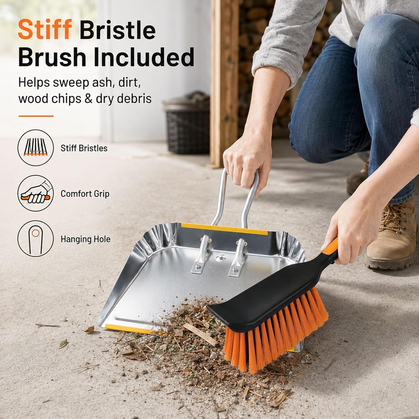 17" Heavy Duty Metal Dust Pan with Brush Set, Large Wide Mouth Dustpan with Stiff Bristle Cleaning Brush for Garage, Yard, Fireplace Ash, Wood Stove, Workshop and Outdoor Cleanup, Silver