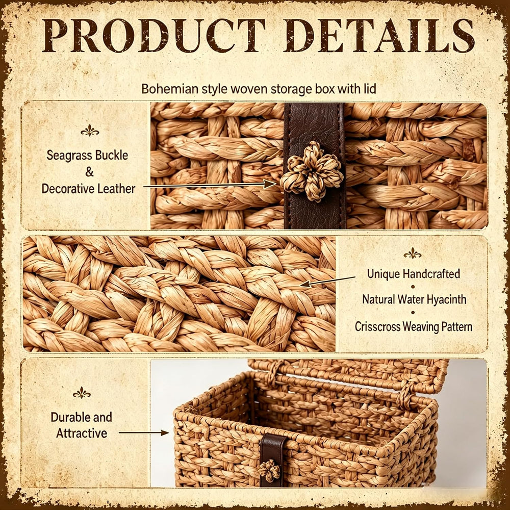 2 Pcs Decorative Box with Lid, Wicker Storage Basket, Water Hyacinth Woven De...