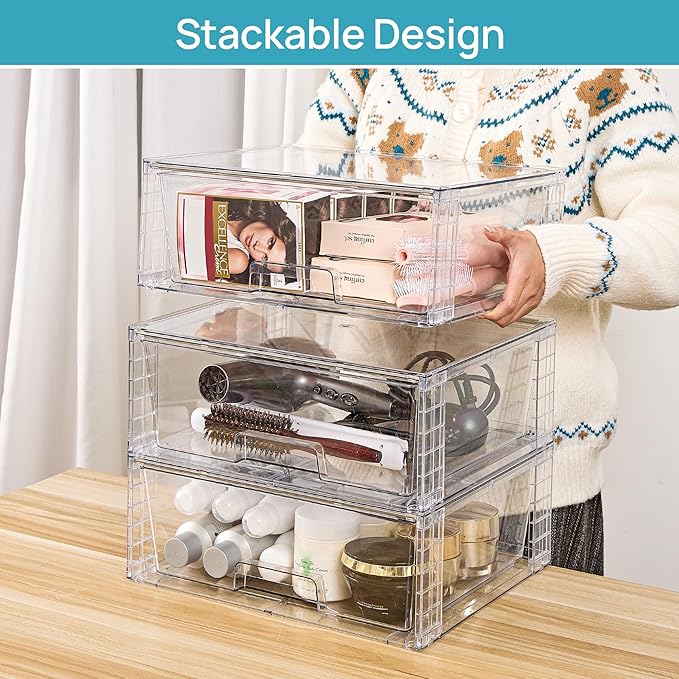 Vtopmart 3 Pack Large Stackable Storage Drawers, Easily Assemble Clear Acrylic - Image 2
