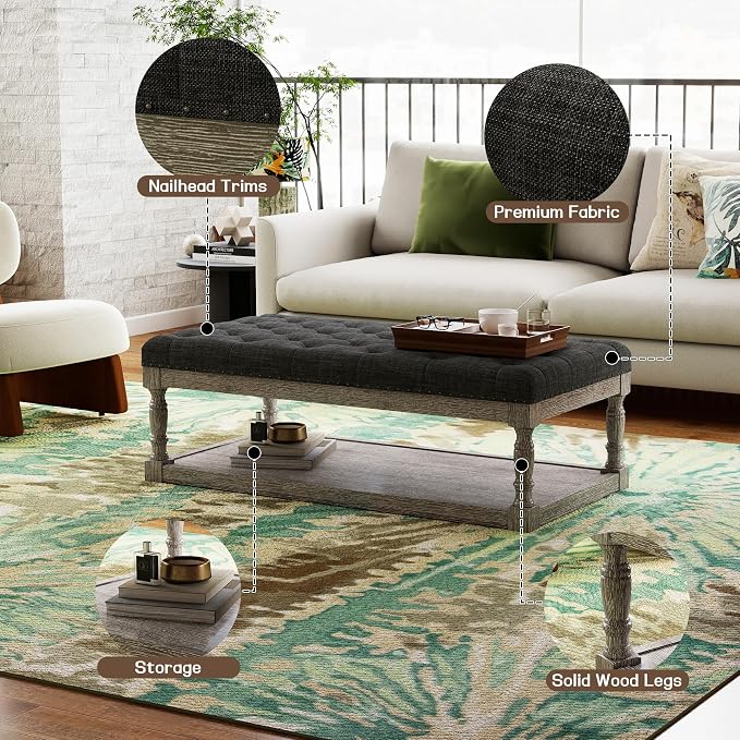 48" Large Ottoman with Storage Coffee Table, Upholstered Tufted Linen Ottoman - Image 3