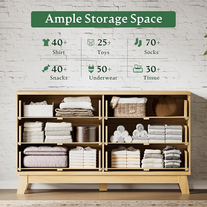 Fluted Dresser with 6 Drawers, Wooden Dresser TV Stand, Wood Closet Clothes - Image 4