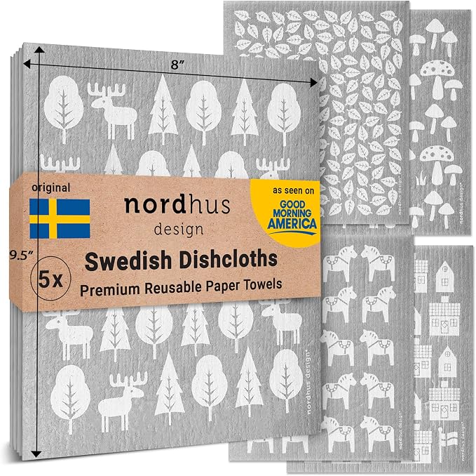 Nordhus Design Large Swedish Dishcloths, 5 Grey Cloths, Made in Sweden by nordhusdesign
