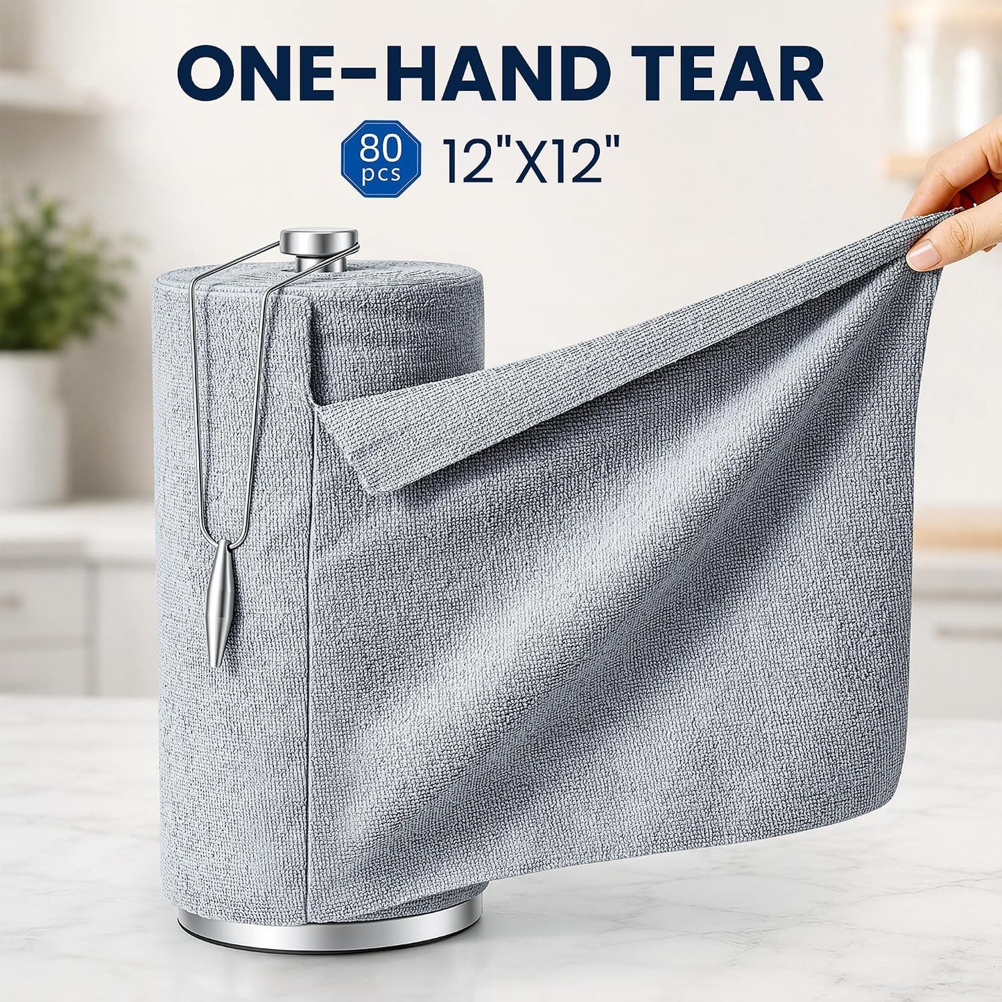 Veco Microfiber Cleaning Cloth Roll 80 PCS Gray, 12" x 12" | Lint-Free, Streak-Free, Tear Away Reusable Microfiber Towels, Cleaning Rags for Kitchen, Car & Home