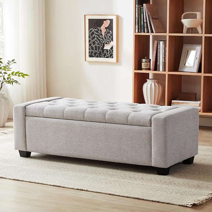 48" Ottoman with Storage, Storage Ottoman Bench with Safety Hinge, Upholstered by huateanhome
