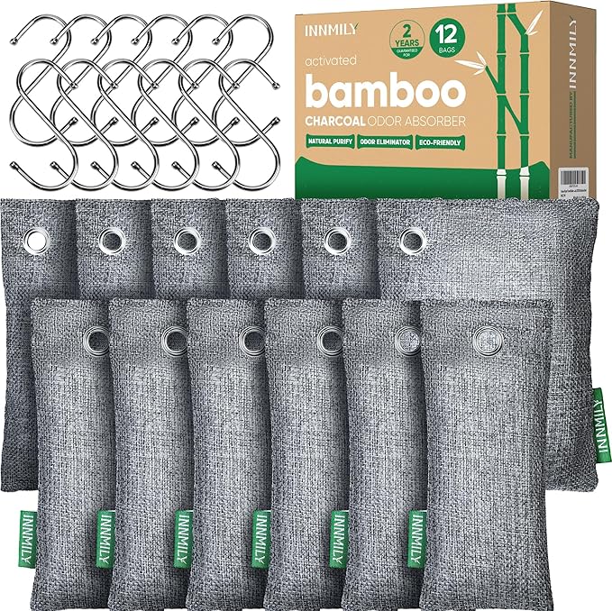 Activated Charcoal Odor Absorber, Large 12 Pack w Hooks Nature Odor Eliminator by Innmily