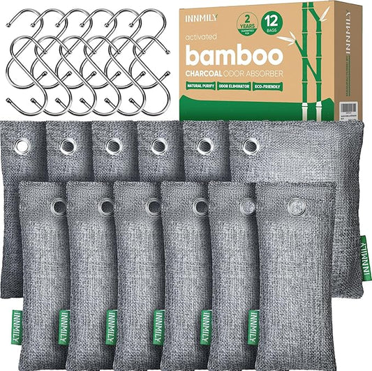 Activated Charcoal Odor Absorber, Large 12 Pack w Hooks Nature Odor Eliminator by Innmily
