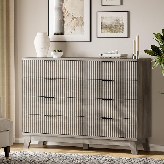 Fluted Dresser with 8 Drawers, Wooden Dresser TV Stand, Modern Closet Clothes - Image 3