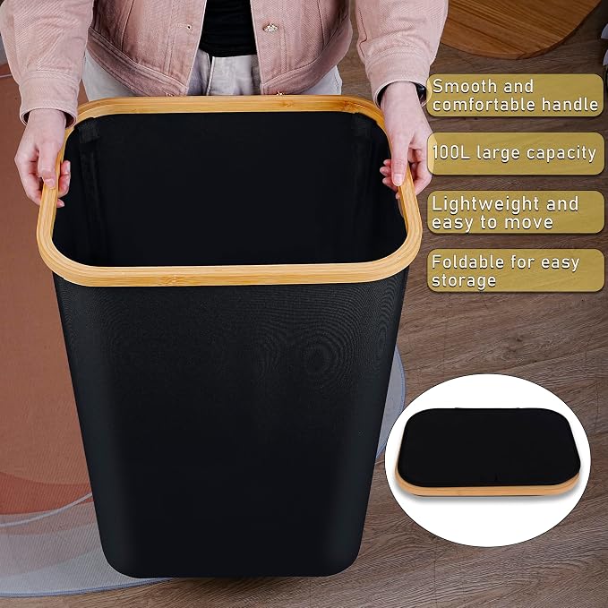 100L Laundry Hamper with Lid, Lagre Basket with Bamboo Handles, Foldable - Image 6