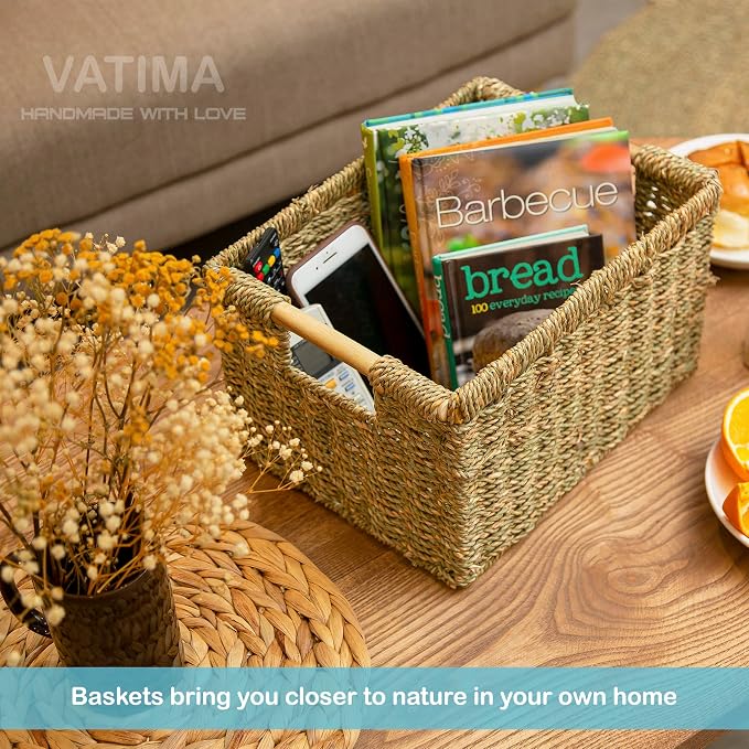 Natural Seagrass Basket with Wooden Handle, Medium Rectuangular Wicker Basket - Image 9