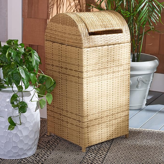 SAFAVIEH Outdoor Collection Mazeli Natural Woven Swing Top Dome Lid Trash Bin - Image 2