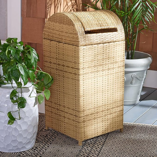 SAFAVIEH Outdoor Collection Mazeli Natural Woven Swing Top Dome Lid Trash Bin - Image 2