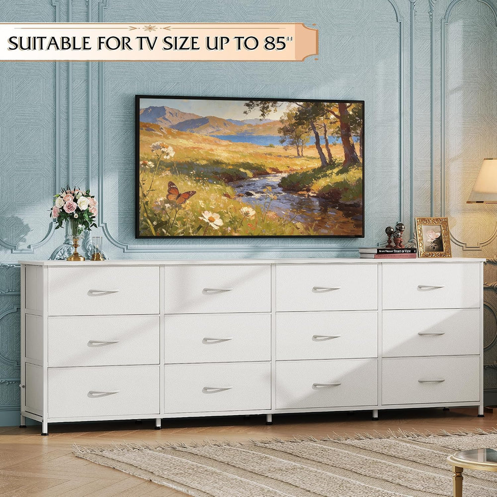 WLIVE Long Dresser TV Stand for 85 Inch TV, 12 Drawer Dresser, White