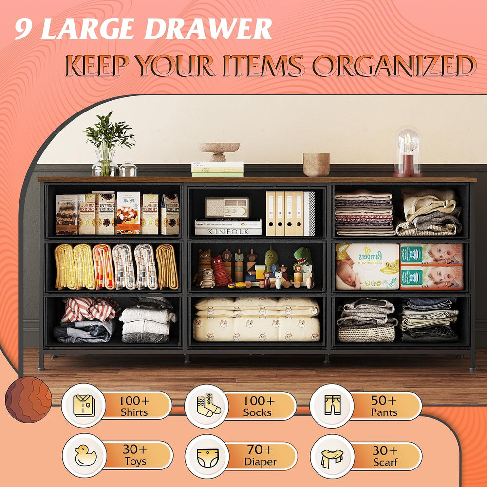 WLIVE Dresser TV Stand for 75 Inch TV, 9 Drawer Dresser, Rustic Brown