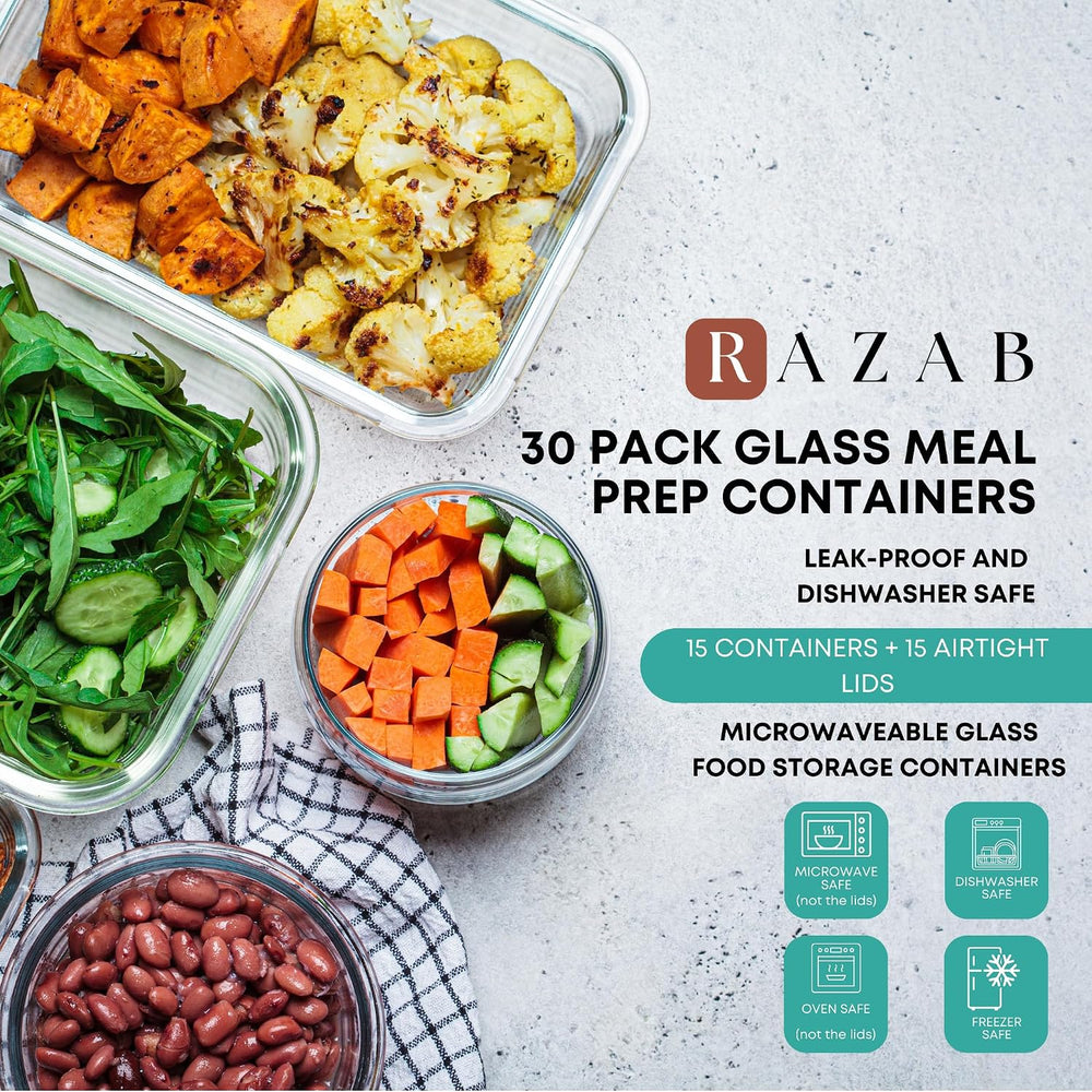 Razab 30 PC Glass Food Storage Containers with Lids - Reusable Glass Meal Pre...